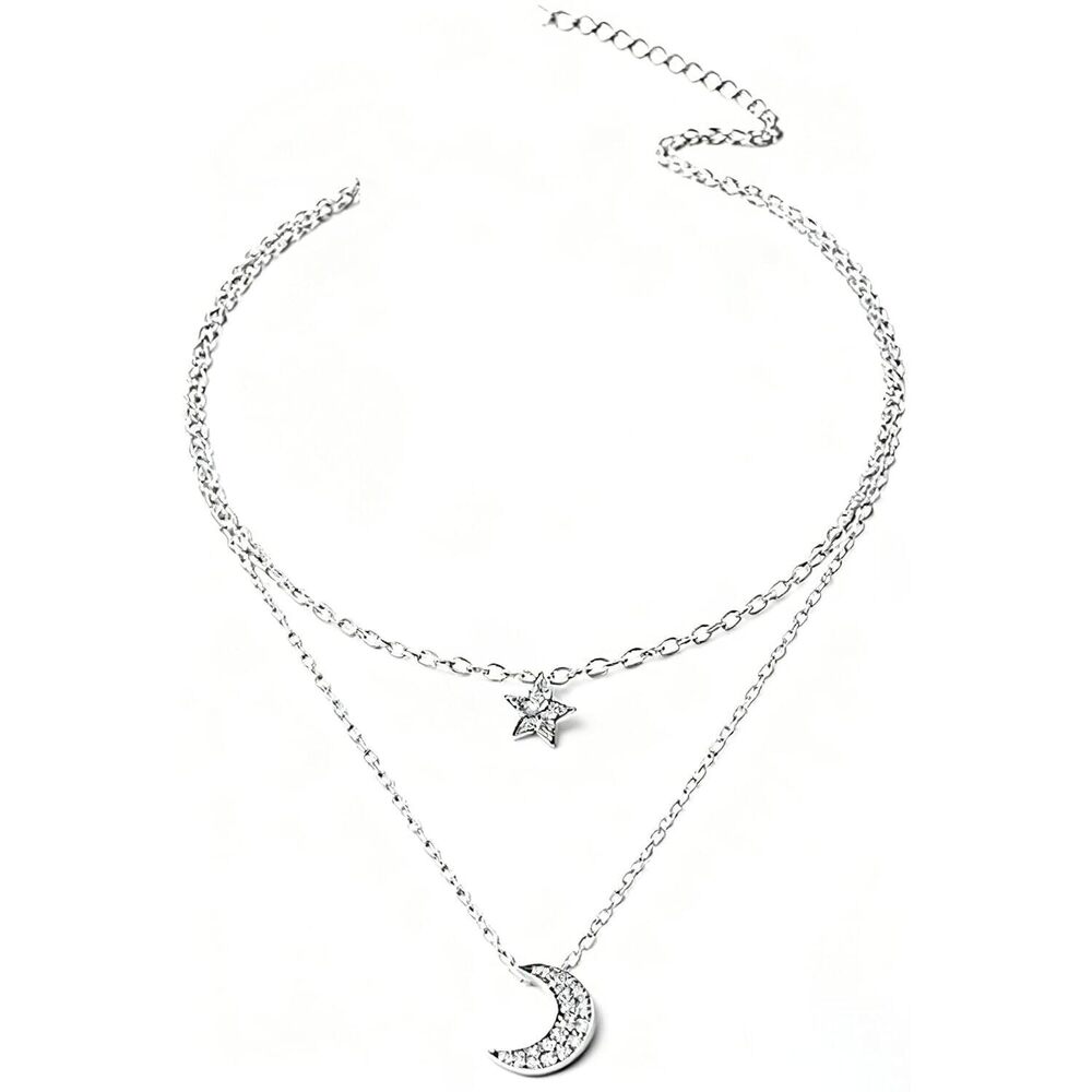 Layered Sliver Necklaces for Women - Dainty Sliver Plated Moon Star Pendant